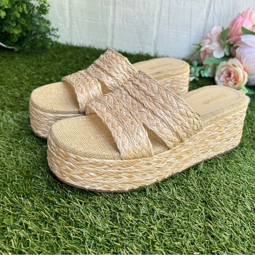 Larroudé Women's Ash Braided natural  Raffia Flatform Sandals size 6.5 like new